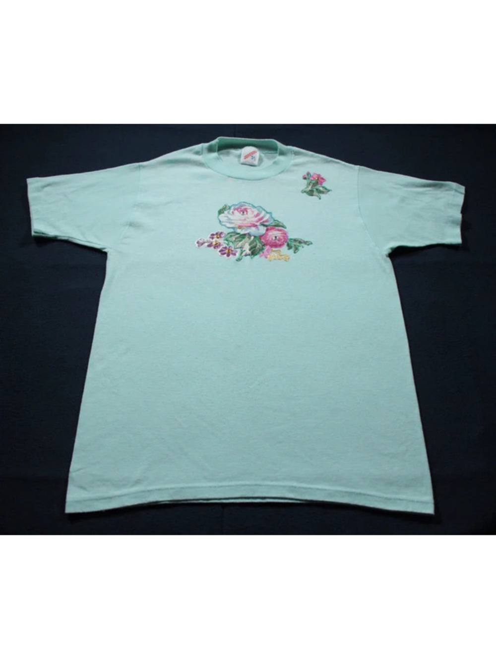 Vintage 90s Jerzees Floral Applique T-Shirt Blue Distressed M